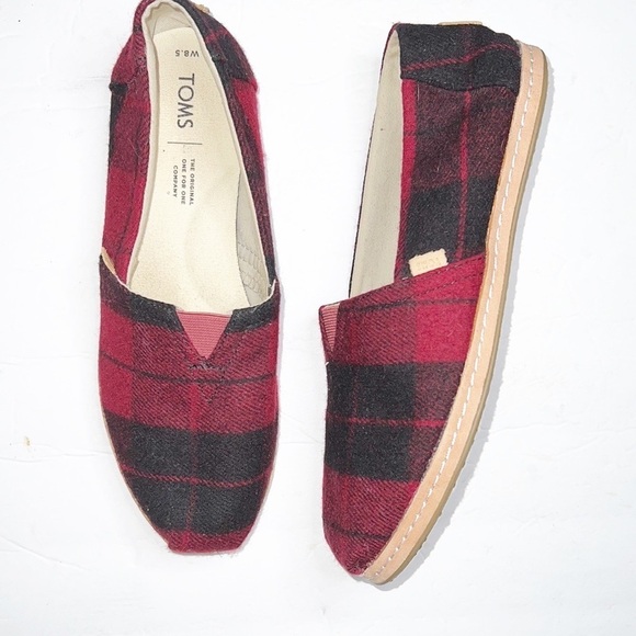 Toms Shoes - Toms Alpargata Classic Buffalo Check Plaid Red And Black Felt Slip On Flats